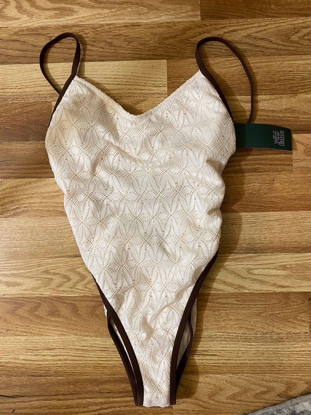 Women Cream Eyelet One-Piece Swimsuit with Brown Trim Size XXS New